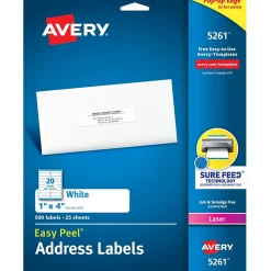 Outlet Avery Easy Peel Laser Address Labels, 1" x 4", White, 500 Labels/Pack (5261)