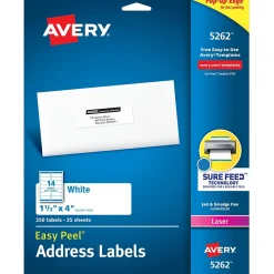 Outlet Avery Easy Peel Laser Address Labels, 1-1/3" x 4", White, 350 Labels/Pack (5262)