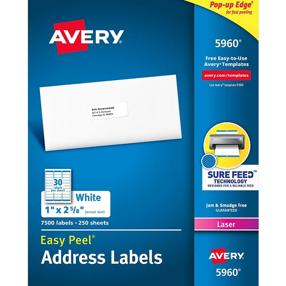 Outlet Avery Easy Peel Laser Address Labels, 1" x 2-5/8", White, 7,500 Labels/Box (5960)
