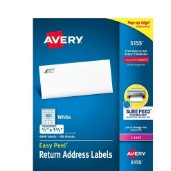 Avery Easy Peel Laser Return Address Labels, 2/3" x 1-3/4", Glossy White, 6,000 Labels/Pack (5155)