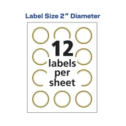 Labels|Avery Easy Peel Laser/Inkjet Round Labels, 2" Dia, White with Metallic Gold Borders, 120 Labels/Pack (22876)