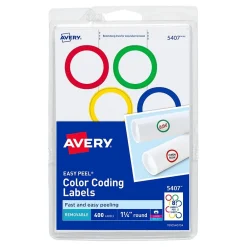 Labels|Avery Easy Peel Laser/Inkjet Color-Coding Labels, 4" x 6" Sheets, 1-1/4" Dia, Assorted Colors, 400 Labels/Pack (5407)
