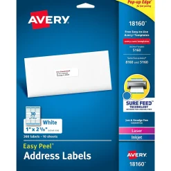 Outlet Avery Easy Peel Laser/Inkjet Address Labels, 1" x 2-5/8", White, 300 Labels/Pack (18660)