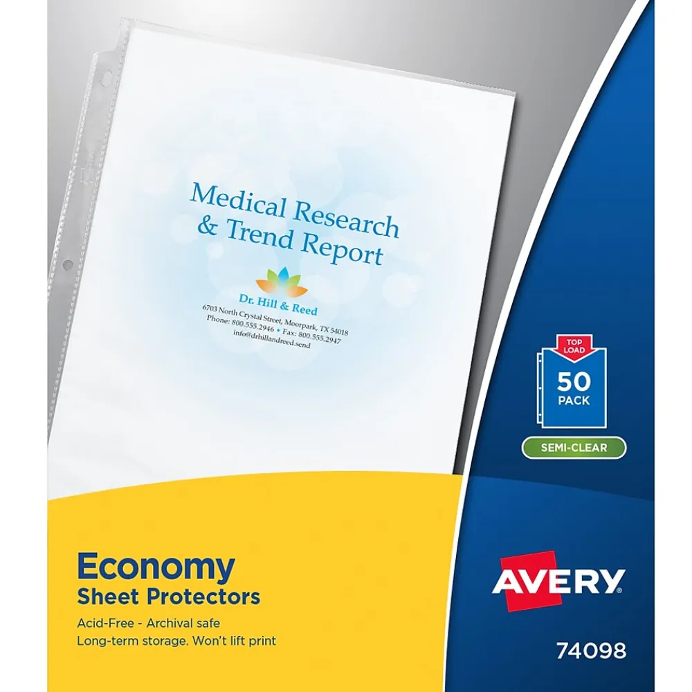 Sheet Protectors|Avery Economy Lightweight Sheet Protectors, 8-1/2" x 11", Semi-Clear, 50/Box (74098)