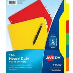Dividers|Avery Heavy-Duty Plastic Dividers with White Tab Labels, 5 Tabs, Multicolor (23080)