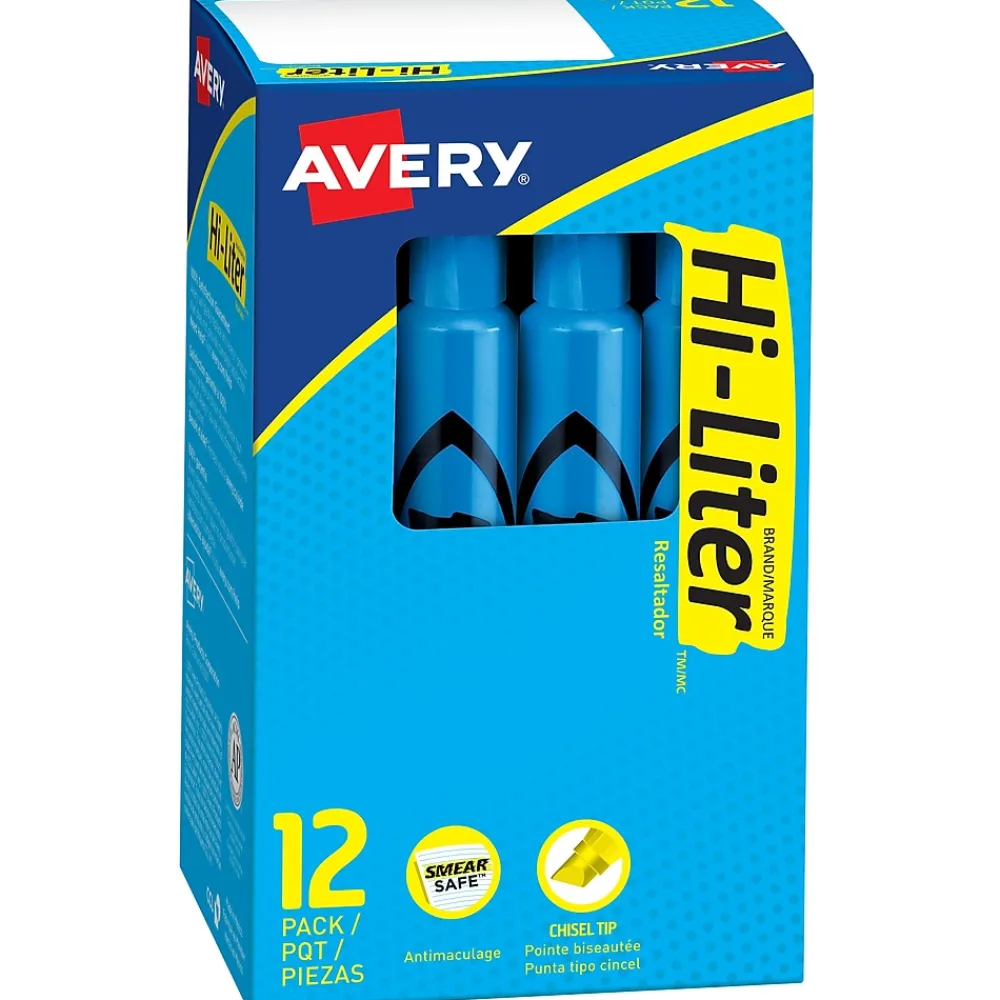 Highlighters|Avery Hi-Liter Desk Style Highlighters, Chisel Tip, Blue, Dozen (24016)