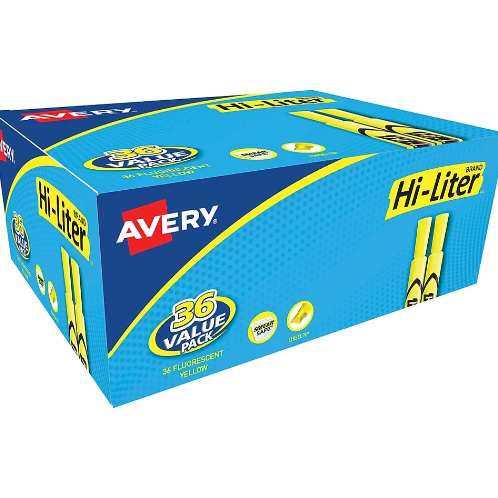 Highlighters|Avery Hi-Liter Desk-Style Highlighters, Fluorescent Yellow, Value Pack of 36 (98208)