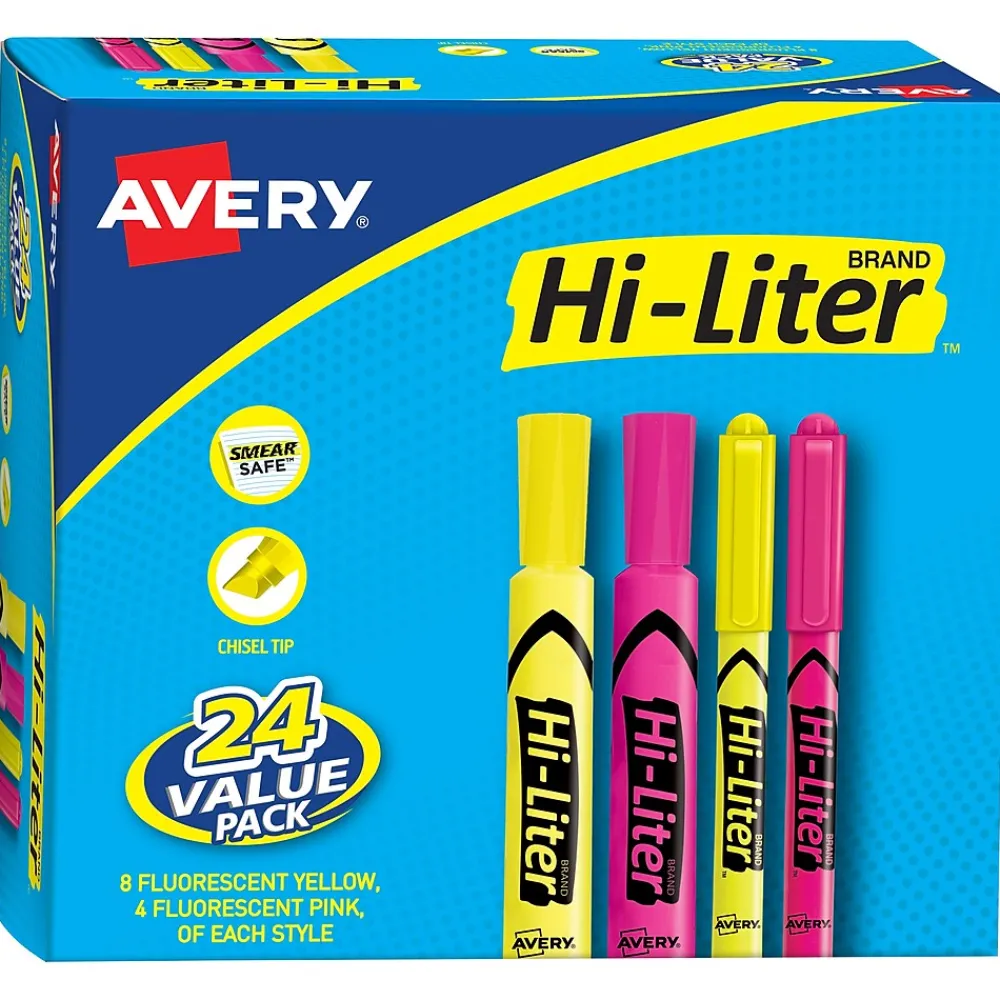 Highlighters|Avery Hi-Liter Tank Highlighter, Chisel Tip, Assorted, 24/Pack (29862)