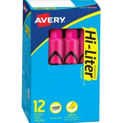 Highlighters|Avery Hi-Liter Tank Highlighters, Chisel, Pink, Dozen (24010)