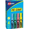 Highlighters|Avery Hi-Liter Tank Highlighter, Chisel Tip, Assorted, 4/Pack (17752)