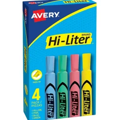 Highlighters|Avery Hi-Liter Tank Highlighter, Chisel Tip, Assorted, 4/Pack (17752)