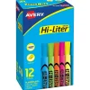 Highlighters|Avery HI-LITER The Original Tank Highlighters, Chisel, Assorted Fluorescent, 12/Set (98034)