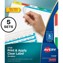 Dividers|Avery Index Maker Paper Dividers with Print & Apply Label Sheets, 5 Tabs, Multicolor, 5 Sets/Pack (11418)