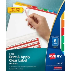 Dividers|Avery Index Maker Paper Dividers with Print & Apply Label Sheets, 8 Tabs, Multicolor, 5 Sets/Pack (11419)
