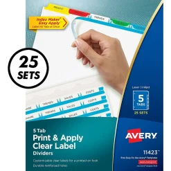 Dividers|Avery Index Maker Paper Dividers with Print & Apply Label Sheets, 5 Tabs, Multicolor, 25 Sets/Pack (11423)