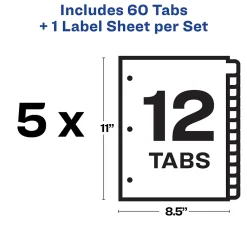 Dividers|Avery Index Maker Paper Dividers with Print & Apply Label Sheets, 12 Tabs, White, 5 Sets/Pack (11429)