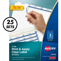 Dividers|Avery Index Maker Paper Dividers with Print & Apply Label Sheets, 3 Tabs, White, 25 Sets/Pack (11445)