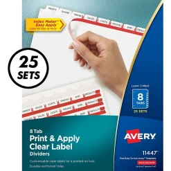 Dividers|Avery Index Maker Paper Dividers with Print & Apply Label Sheets, 8 Tabs, White, 25 Sets/Pack (11447)