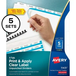 Dividers|Avery Index Maker Paper Dividers with Print & Apply Label Sheets, 5 Tabs, White, 5 Sets/Pack (11431)