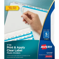 Dividers|Avery Index Maker Plastic Dividers with Print & Apply Label Sheets, 5 Tabs, Multicolor, 5 Sets/Pack (12449)