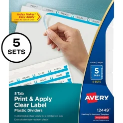 Dividers|Avery Index Maker Plastic Dividers with Print & Apply Label Sheets, 5 Tabs, Multicolor, 5 Sets/Pack (12449)