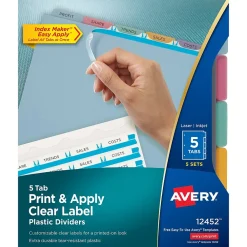 Dividers|Avery Index Maker Plastic Dividers with Print & Apply Label Sheets, 5 Tabs, Multicolor, 5 Sets/Pack (12452)