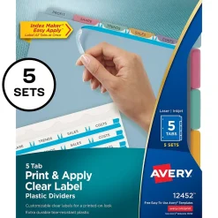 Dividers|Avery Index Maker Plastic Dividers with Print & Apply Label Sheets, 5 Tabs, Multicolor, 5 Sets/Pack (12452)