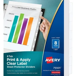 Dividers|Avery Index Maker Sheet Protector Dividers with Print & Apply Label Sheets, 8 Tabs, Clear (75501)