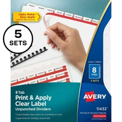Dividers|Avery Index Maker Unpunched Paper Dividers with Print & Apply Label Sheets, 8 Tabs, White, 5 Sets/Pack (11432)