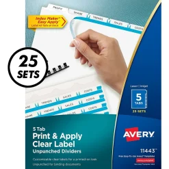 Dividers|Avery Index Maker Unpunched Paper Dividers with Print & Apply Label Sheets, 5 Tabs, White, 25 Sets/Pack (11443)