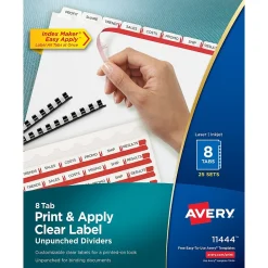 Dividers|Avery Index Maker Unpunched Paper Dividers with Print & Apply Label Sheets, 8 Tabs, White, 25 Sets/Pack (11444)