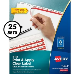 Dividers|Avery Index Maker Unpunched Paper Dividers with Print & Apply Label Sheets, 8 Tabs, White, 25 Sets/Pack (11444)