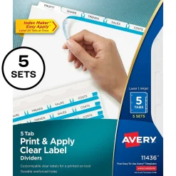 Dividers|Avery IndexMaker Print & Apply Label Dividers, 5-Tab, Clear, 5/Pack (11436)