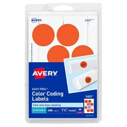 Labels|Avery Laser Color Coding Labels, 1 1/4" Dia., Neon Red, 8/Sheet, 50 Sheets/Pack (5497)