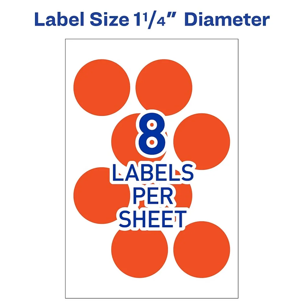Labels|Avery Laser Color Coding Labels, 1 1/4" Dia., Neon Red, 8/Sheet, 50 Sheets/Pack (5497)