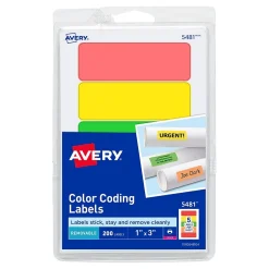 Labels|Avery Laser Color Coding Labels on 4" x 6" Sheets, 1" x 3", Assorted Colors, 200 Labels/Pack (5481)