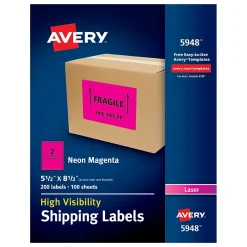 New Avery Laser Shipping Labels, 5 1/2" x 8 1/2", Neon Magenta, 200 Labels/Box (5948)