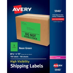 Labels|Avery Laser Shipping Labels, 8-1/2" x 11", Neon Green, 100 Labels/Box (5940)