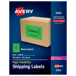 New Avery Laser Shipping Labels, 5-1/2" x 8-1/2", Neon Green, 200 Labels/Box (5952)