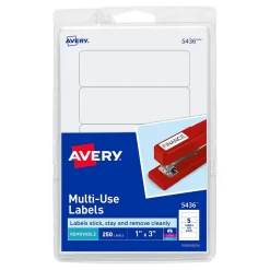Labels|Avery Laser/Inkjet Multipurpose Labels, 1" x 3", White, 250 Labels/Pack (5436)