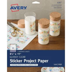 Labels|Avery Laser/Inkjet Multipurpose Printable Sticker Project Paper, 8.5" x 11", Glossy Clear, 7 Stickers/Pack (4397)