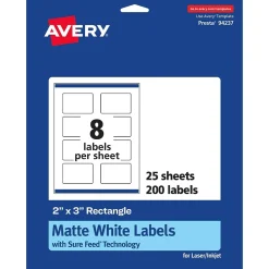 Labels|Avery Laser/Inkjet Rectangle Labels, 2" x 3", Matte White, 200 Labels/Pack (94327)