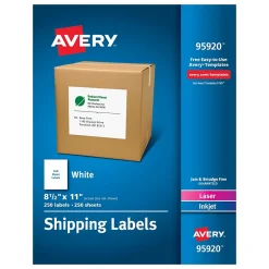 Clearance Avery Laser/Inkjet Shipping Labels, 8-1/2" x 11", White, 250 Labels/Box (95920)