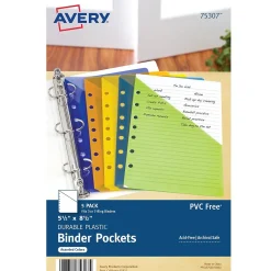 Dividers|Avery Mini Binder Pockets for 5 1/2" x 8 1/2" Paper, Assorted Colors, 5/Pack (75307)