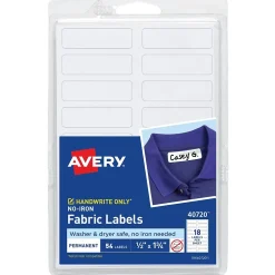 Labels|Avery No-Iron Fabric Labels on 4" x 6" Sheets, 1/2" x 1-3/4", White, Non-Printable, 54 Labels/Pack (40720)
