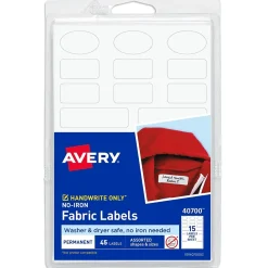 Labels|Avery No-Iron Fabric Labels, Assorted Shapes and Sizes, White, Non-Printable, 45 Labels/Pack (40700)