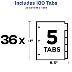 Dividers|Avery Plain Tab Write-On Paper Dividers, 5 Tabs, Multicolor, 36 Sets/Pack (11508)