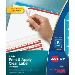 Dividers|Avery Print & Apply Blank Tab Dividers, 8-Tab, Blue, 5/Pack (11411)