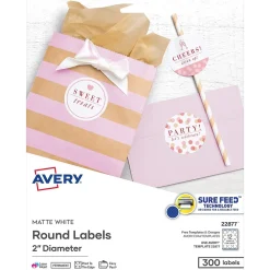 Clearance Avery Printable Round Labels with Sure Feed, 2" Dia, Matte White, 300 Labels/Pack (22877)