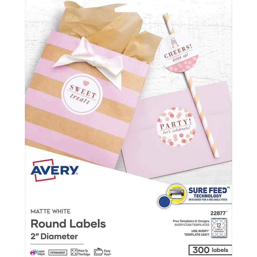 Clearance Avery Printable Round Labels with Sure Feed, 2" Dia, Matte White, 300 Labels/Pack (22877)